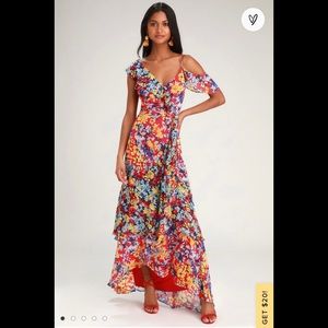 Lulu’s Radiant Ruby Red Floral Print Chiffon Maxi Dress